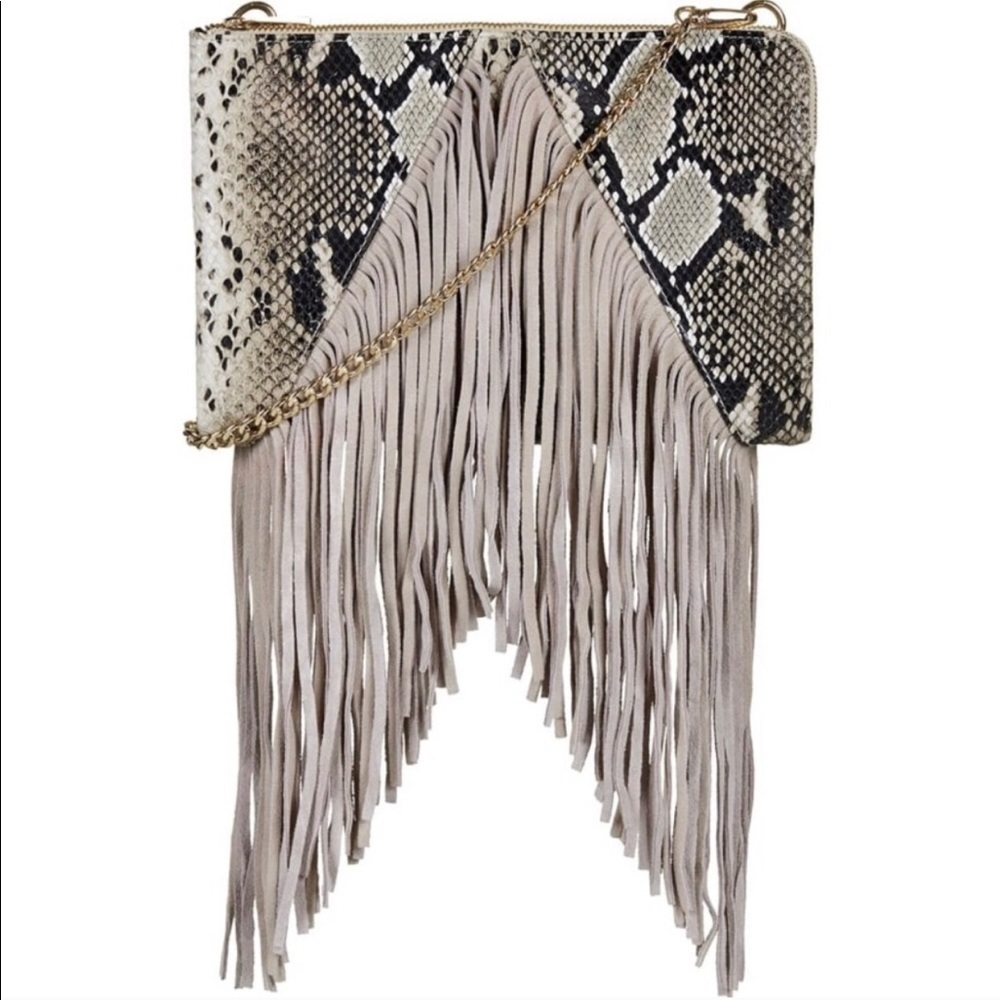 Topshop Snakeskin & Fringe Crossbody Purse